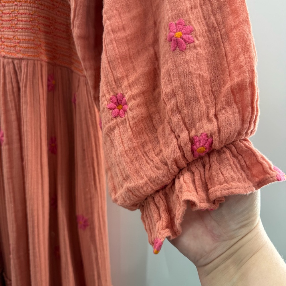 Free People Dahlia Embroidered Boho Flowy Maxi Dress in Melon Combo Size Medium - Picture 8 of 15